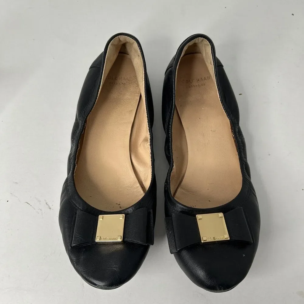 Cole Haan Tali Black Leather Ballet Ballerina Flat Shoes Bow Slip-on Comfort - 7
